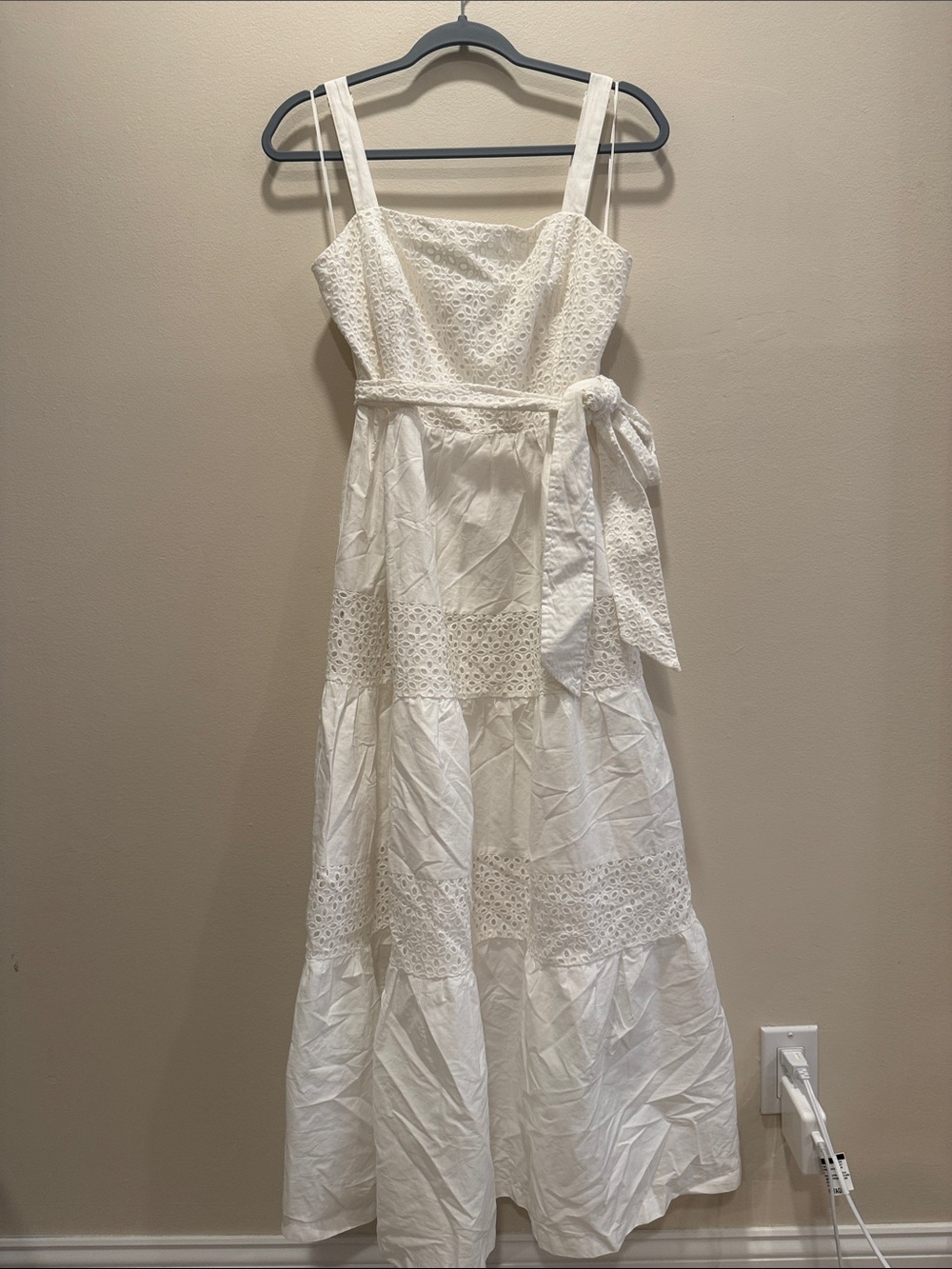White Eyelet Tiered Midi Dress with Tie Waist
